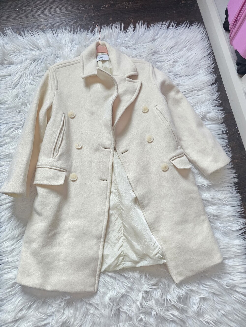 Reiss Cream Double-Breasted Wool / CashmerePea Coat - Picture 4 of 16